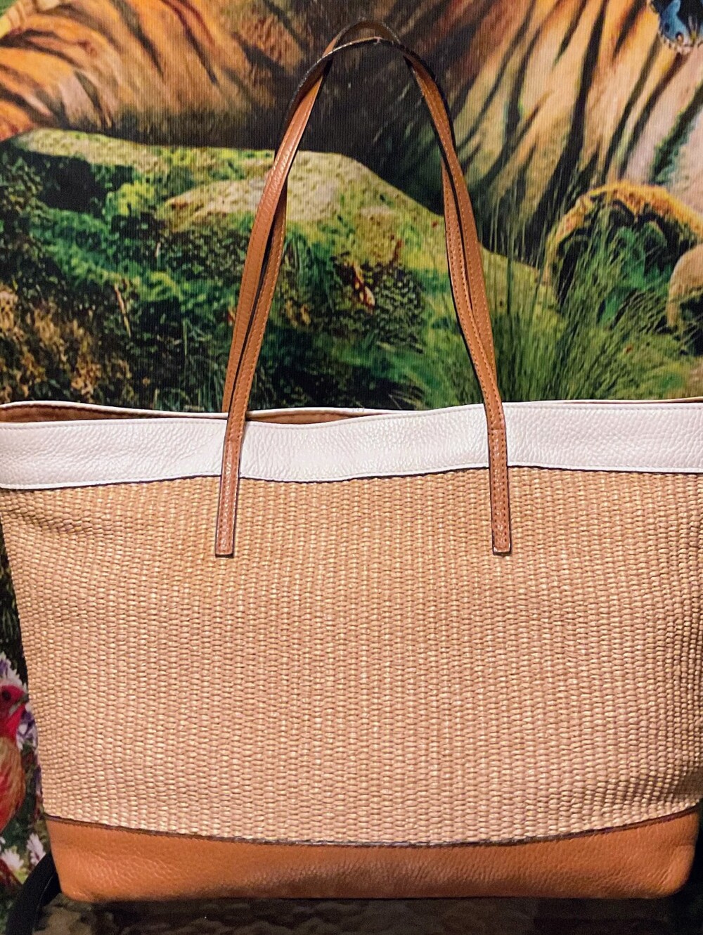 Supurb Leather Tote with Woven Straw & White Trim - Wonderful Condition